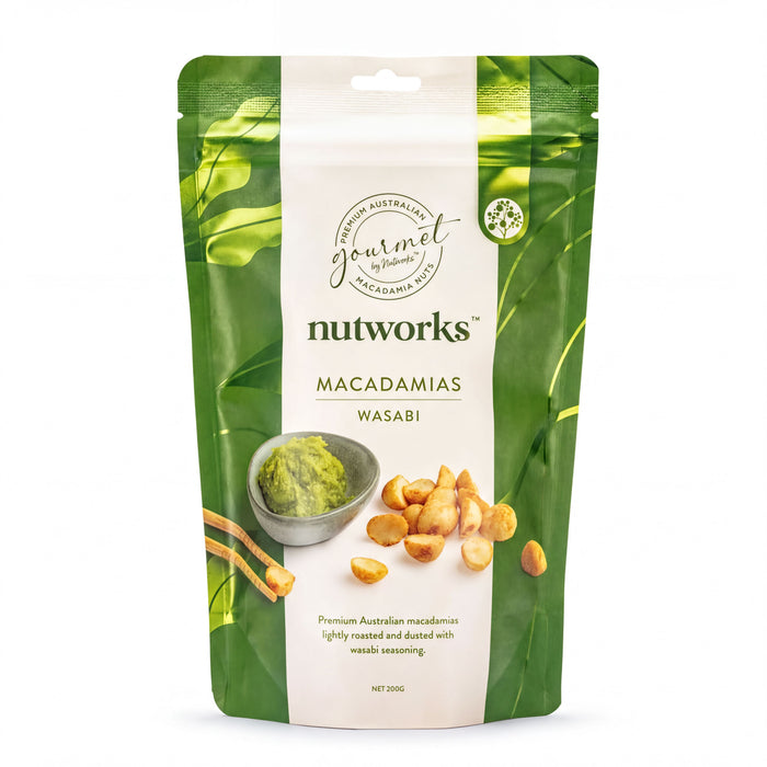 A bag of macadamia nuts with a label that includes the product name, macadamia type, and a description of the product.