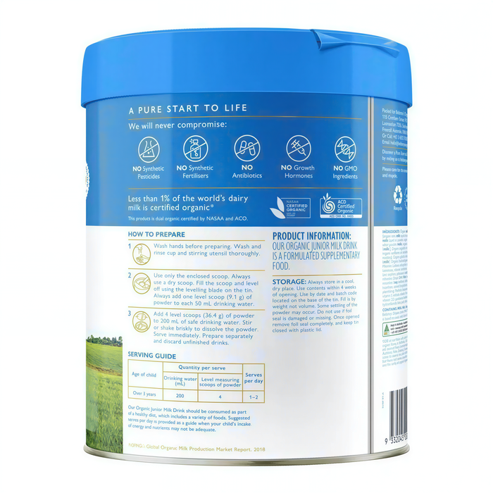 The image is a can of organic milk drink with a blue lid and a label that provides information about the product.