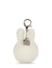 A white plush keychain in the shape of a bunny with a metal clasp and a small tag attached.
