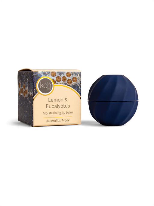 A box of lip balm and a blue round container of lip balm are shown against a white background.