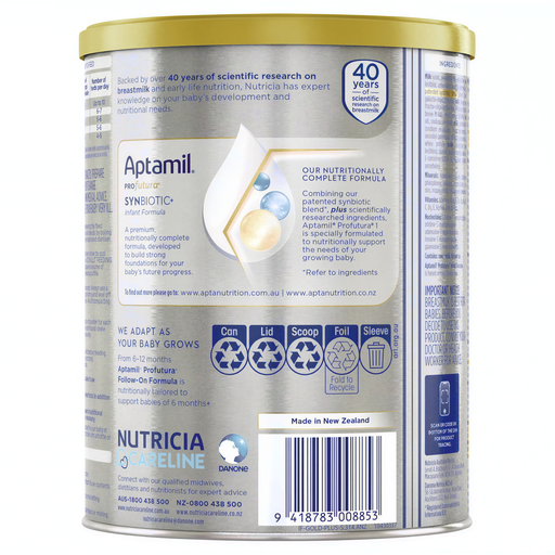 The image is a can of Aptamil baby formula, featuring a label with nutritional information and a barcode.