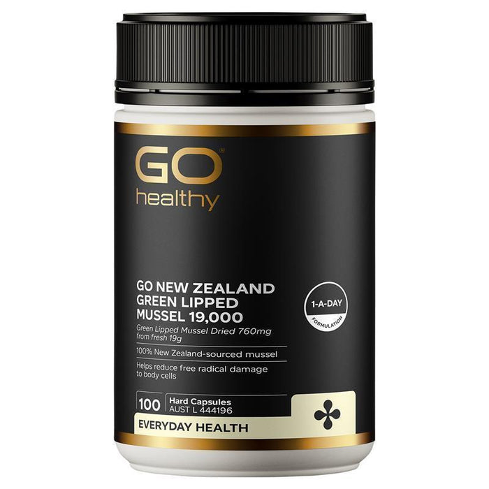 a bottle of GO Healthy product, which is a New Zealand Green Lipped Mussel supplement.