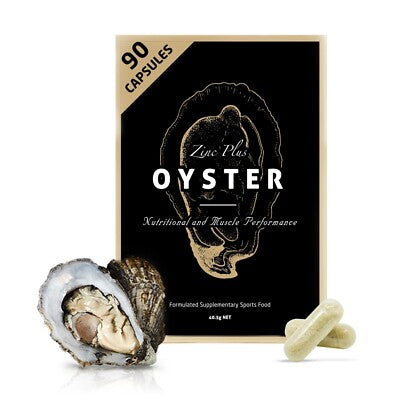 a black and gold box of Zinc Plus Oyster, a nutritional and athletic performance supplement, along with an oyster shell and two capsules.