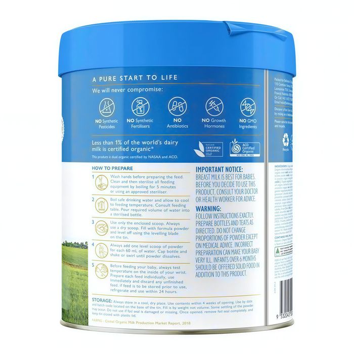 The image is a blue can with text and images, including a grassy field and a blue sky.