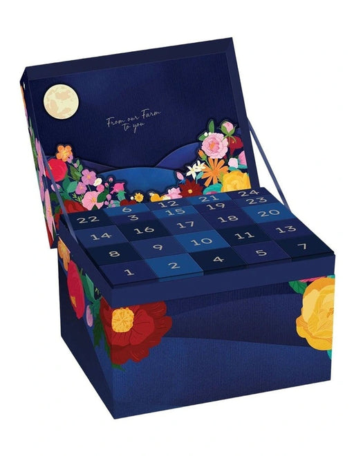 An open blue box with a floral design and numbered squares, suggesting it is a calendar or organizer.