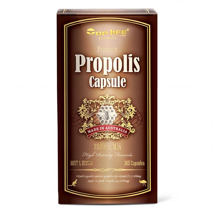 a brown and gold box containing a product called "Premium Propolis Capsule".