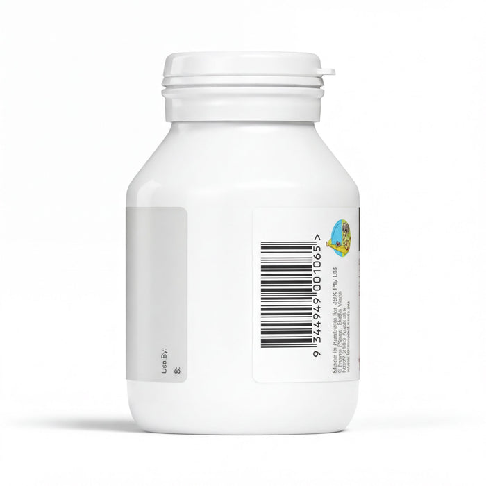 A white plastic bottle with a barcode and text on its label.
