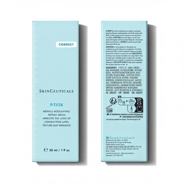 two identical boxes of SkinCeuticals P-Tixe, a wrinkle-reducing wrinkle cream. The boxes are light blue in color and have text and images on them.