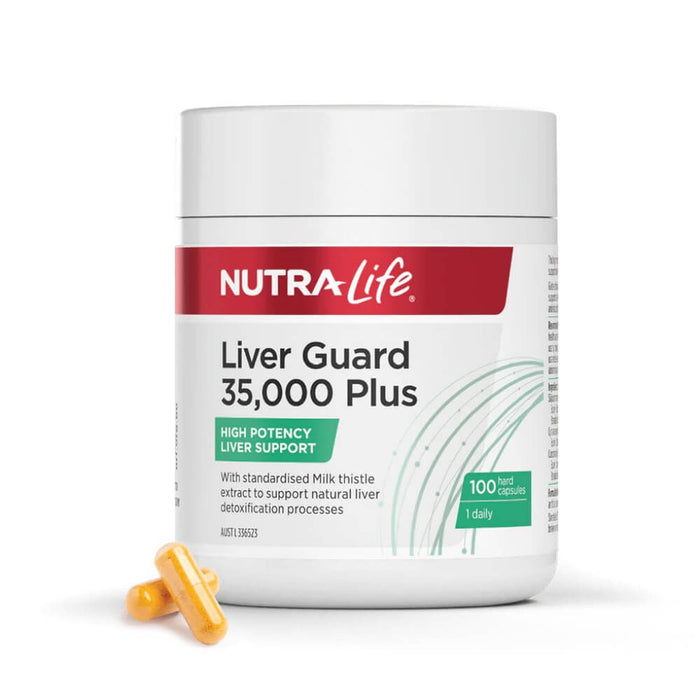 A bottle of NutraLife Liver Guard 35,000 Plus supplement, which is a high potent liver support product.