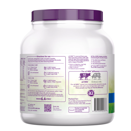 The image is a label for a milk powder product, specifically the A2 Milk. It contains various nutritional information, instructions, and a barcode.