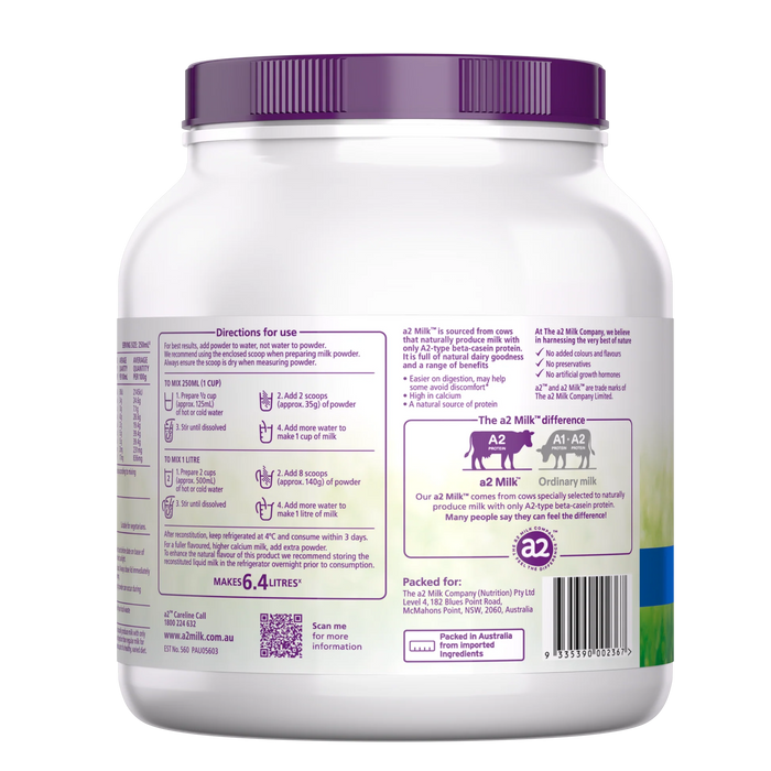 The image is a label for a milk powder product, specifically the A2 Milk. It contains various nutritional information, instructions, and a barcode.