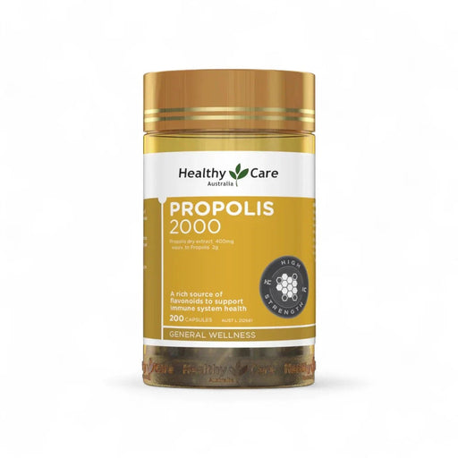 a bottle of Health Care's Propolis 2000 supplement, a product designed to support the immune system and general wellness.
