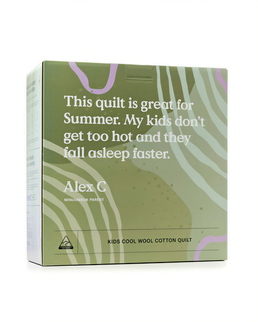 The image is a box for a children's quilt, specifically a kids' cool wool cotton quilt.