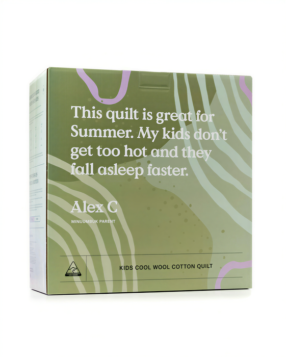 The image is a box for a children's quilt, specifically a kids' cool wool cotton quilt.