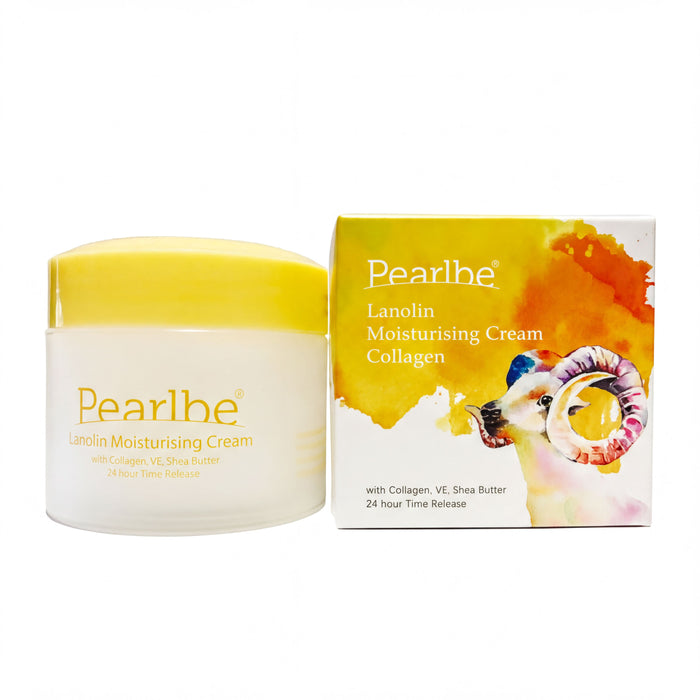 a container of Pearlbe Llanolin Moisturising Cream Collagen and a box of Pearlbe Llanolin Moisturising Cream Collagen.