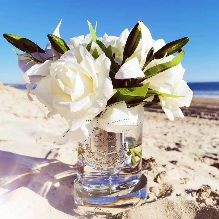 Cote Noire Luxury Lilies & Roses - Ivory White - SILVER Badge - NAVY box - LRL01 Cote Noire