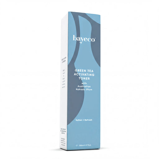 a blue box with white and teal text and graphics, advertising a product called "Green Tea Activating Toner".