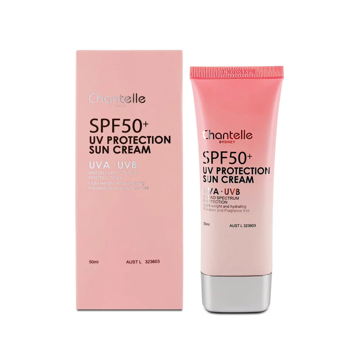 a pink sunscreen tube and its packaging, both labeled as SPF 50+ UV Protection Sun Cream.