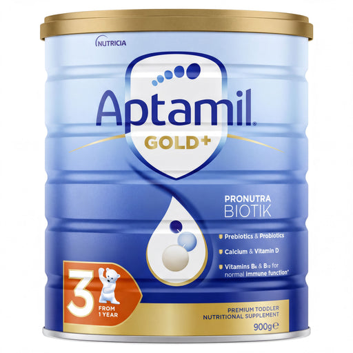 A blue and gold container of Aptamil Gold+ baby formula, with nutritional information and a 3-year guarantee.