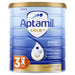 A blue and gold container of Aptamil Gold+ baby formula, with nutritional information and a 3-year guarantee.