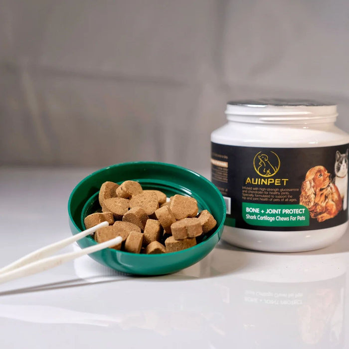 a green bowl filled with dog treats next to a white jar of pet food, with a pair of white chopsticks placed in the bowl.