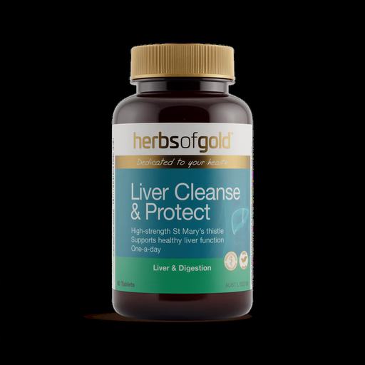 A bottle of liver cleanse and protect supplement with a gold cap.