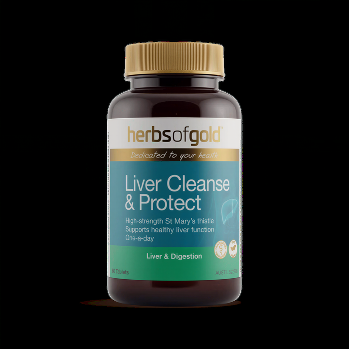 A bottle of liver cleanse and protect supplement with a gold cap.