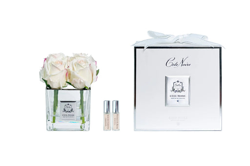Cote Noire Couture 4 Rose Buds - Square Clear Vase - Silver & Pink Blush - SVS402 Cote Noire