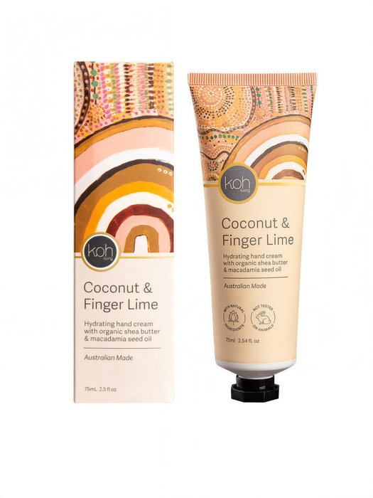 two tubes of coconut and finger lime hand cream from the brand Koh. The tubes are labeled as Australian-made and contain a moisturizing hand cream with organic shea butter and macadamia seed oil. The packaging is described as being made in Australia and has a capacity of 75ml or 2.5fl oz.