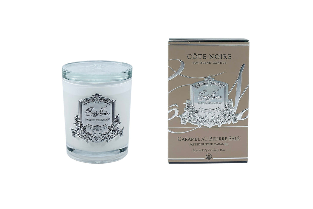 Cote Noire Candles - White Vessel with Silver Badge - Salted Butter Caramel