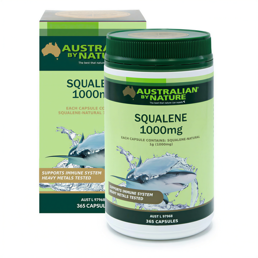 a bottle of Australian by Nature Squalene 1000mg supplement, along with its packaging.