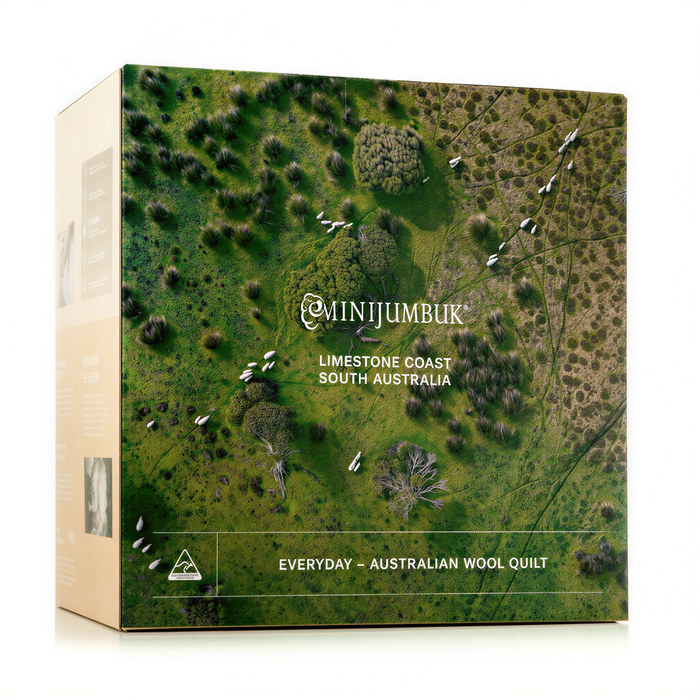 The image is a box for a product called "MINJUMBUK" that is made from Australian wool. It features a collage of images depicting a lush, green landscape with sheep grazing in the background.