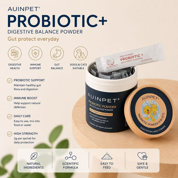 The image is an advertisement for a probiotic and digestive health product called "Auinpet Probiotic+ Digestive Balance Powder". It features a black and white color scheme with various icons and text highlighting the product's benefits and features.
