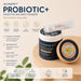 The image is an advertisement for a probiotic and digestive health product called "Auinpet Probiotic+ Digestive Balance Powder". It features a black and white color scheme with various icons and text highlighting the product's benefits and features.