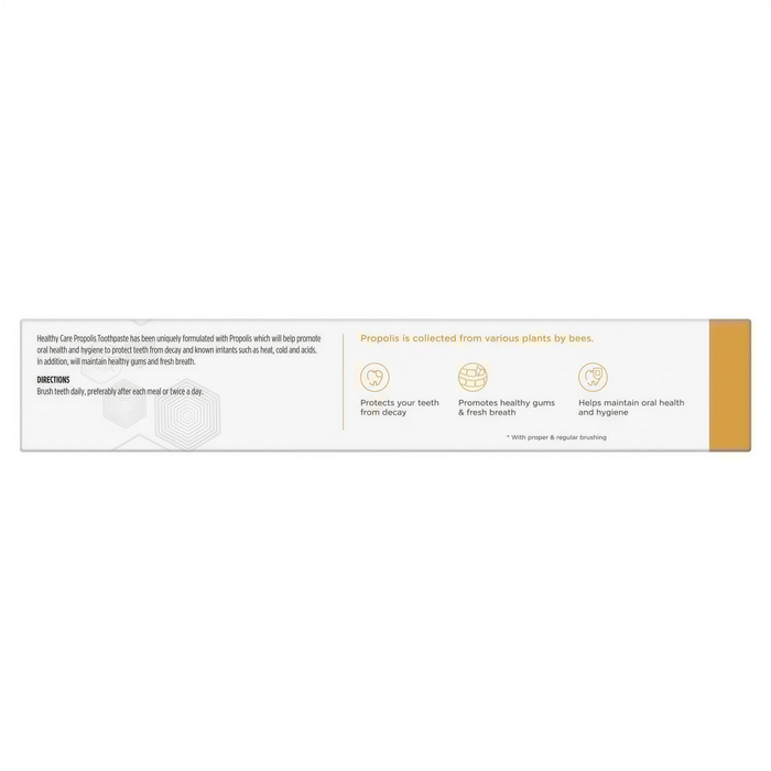 The image is a label for a product, likely a toothpaste or dental care product, with a focus on its benefits and usage instructions.