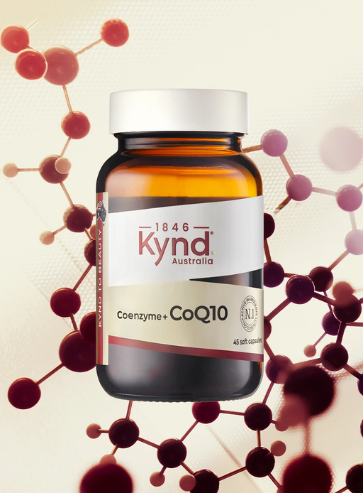 A bottle of Kynd CoQ10 supplement surrounded by a molecular structure, with a focus on the product's label.