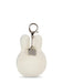 A white plush keychain in the shape of a bunny with a metal clasp and a small tag attached.