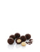 A pile of dark chocolate-covered almonds with a single almond in the center, accompanied by a drizzle of chocolate on the side.