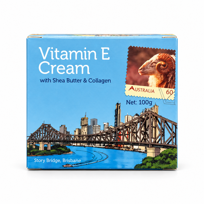 The image is a product packaging for Vitamin E Cream with Shea Butter and Collagen, featuring a cityscape and a stamp from Australia.