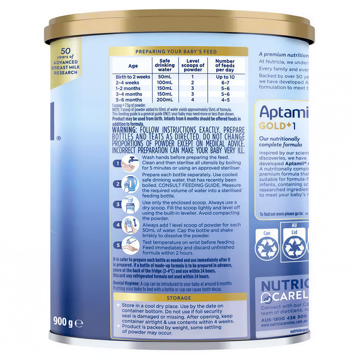 The image is a detailed label for a baby's milk powder, providing information on the recommended amount of powder for different age groups and the recommended age for mixing the powder with water.