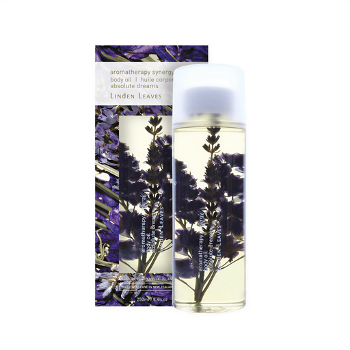A bottle of Linden Leaves essential oil and its packaging, which features a purple floral design.