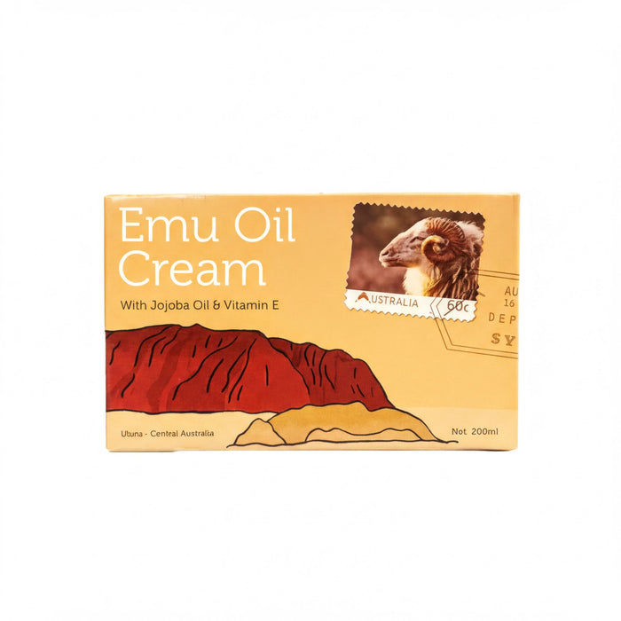 The image is a product packaging for Emu Oil Cream, which is a 200ml product from Australia.