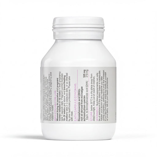a white bottle with a label that contains text in various colors, including pink and purple. The bottle appears to be a medical or dietary supplement product.