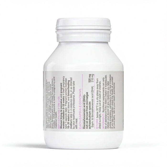 a white bottle with a label that contains text in various colors, including pink and purple. The bottle appears to be a medical or dietary supplement product.