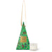 A triangular-shaped box with a Christmas tree design and a candle in a clear glass holder.