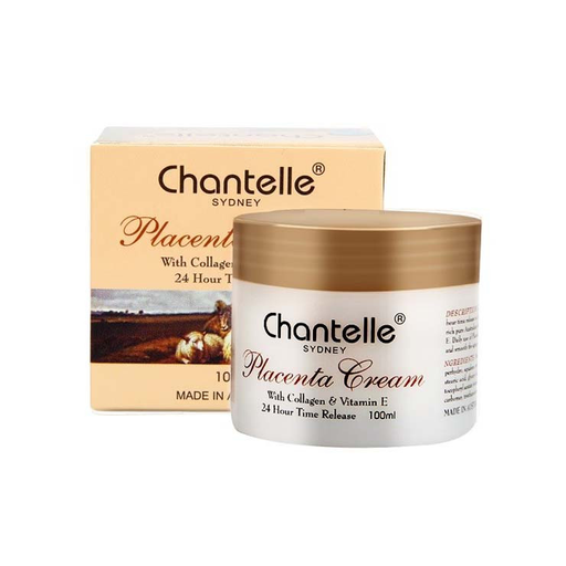 a box of Chantelle Sydney Placenta Cream and a jar of the cream, both placed next to each other.