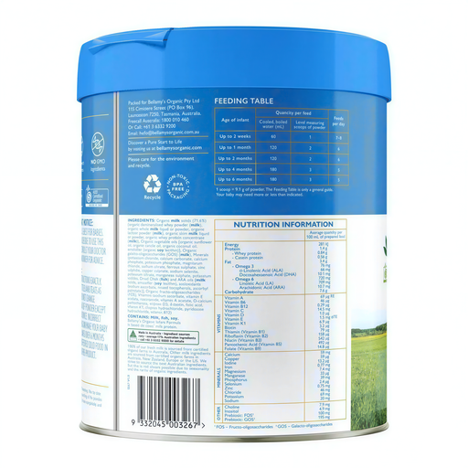 The image is a can of baby food with a blue lid and a nutrition information table on the back.