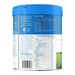 The image is a can of baby food with a blue lid and a nutrition information table on the back.