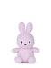 A small, pink stuffed bunny toy is sitting on a white background.