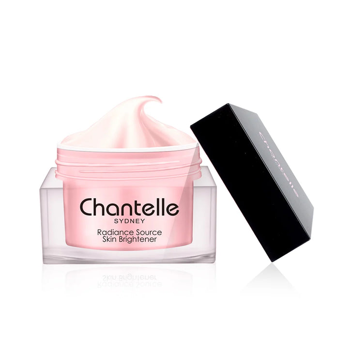 A jar of pink cream with a black lid, labeled "Chantelle Sydney Radiance Source Skin Brightener".